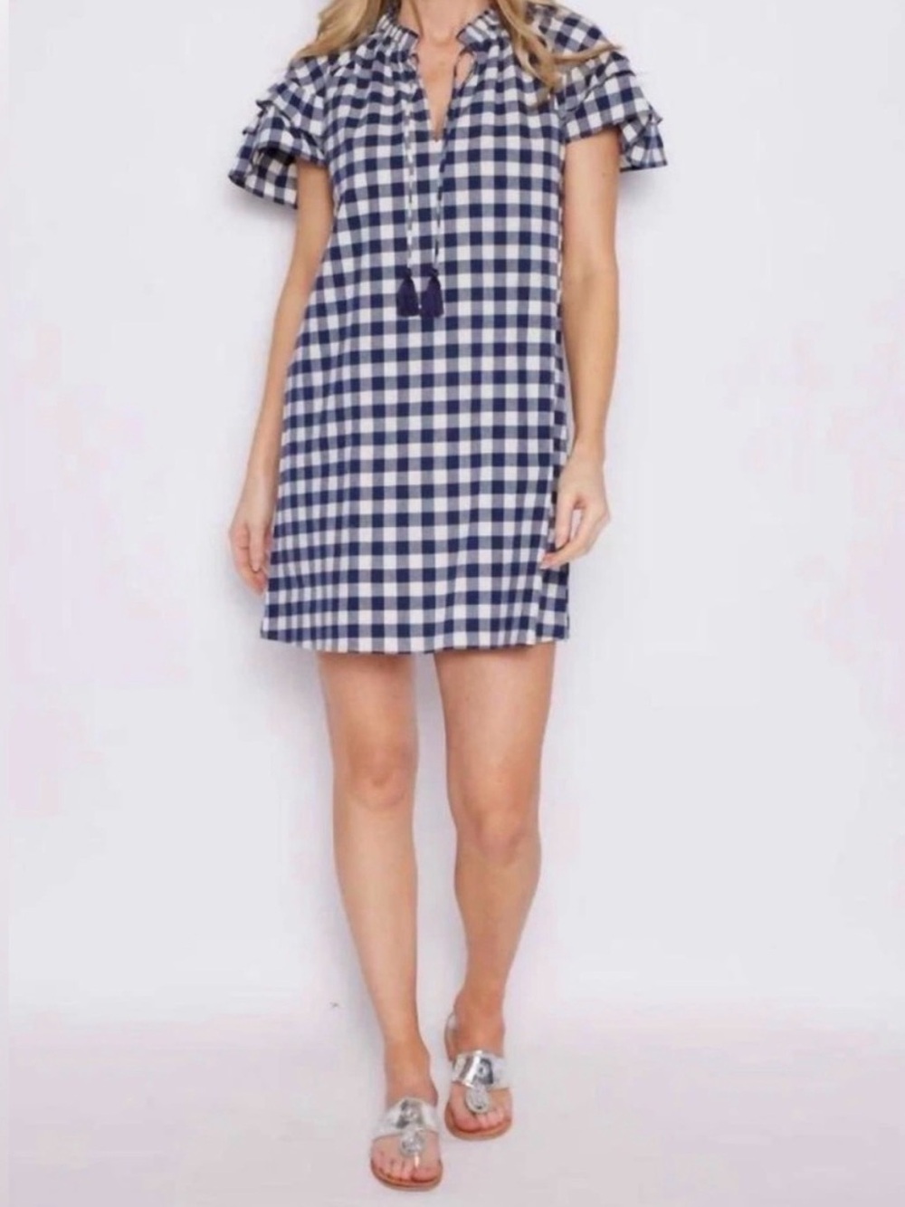 Sail to Sable Navy Blue Gingham Ruffle Sleeve Dress Size Medium